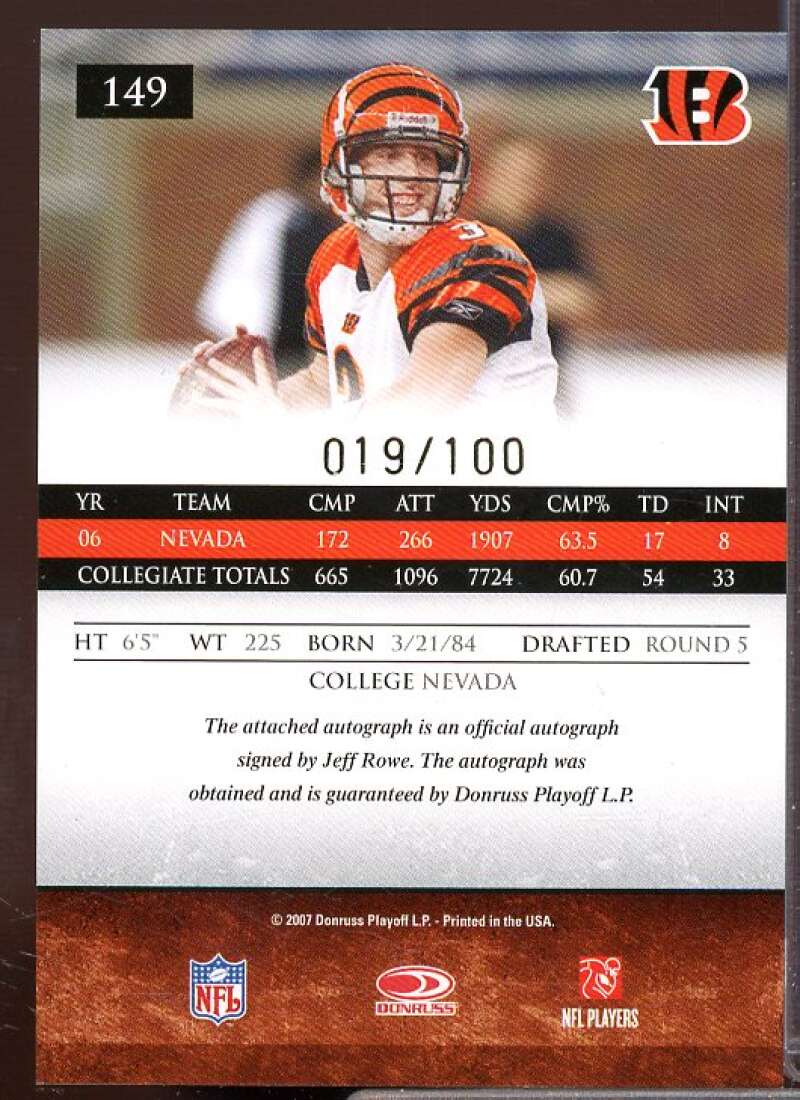 Jeff Rowe Rookie Card 2007 Donruss Gridiron Gear Autographs Gold Holofoil #149  Image 2