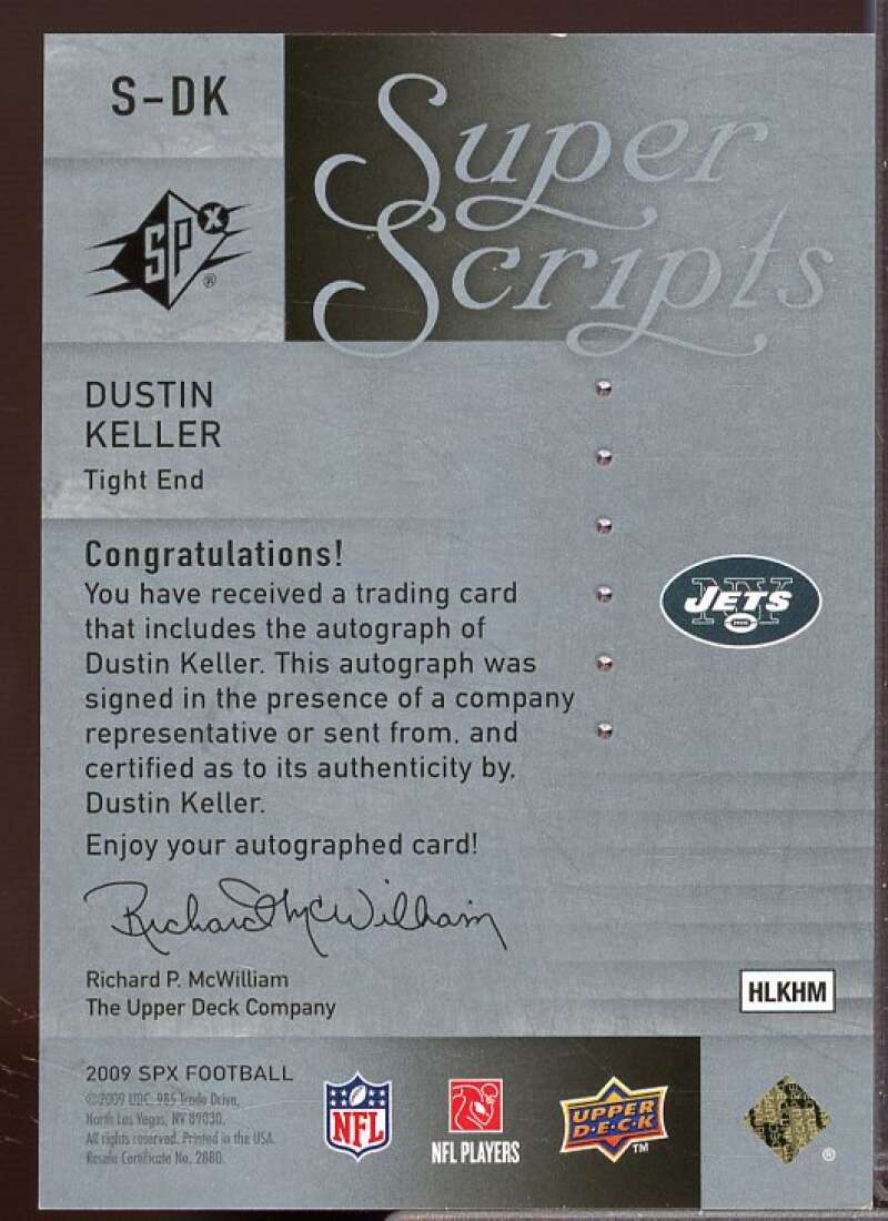 Dustin Keller Card 2009 SPx Super Scripts Autographs #SDK  Image 2