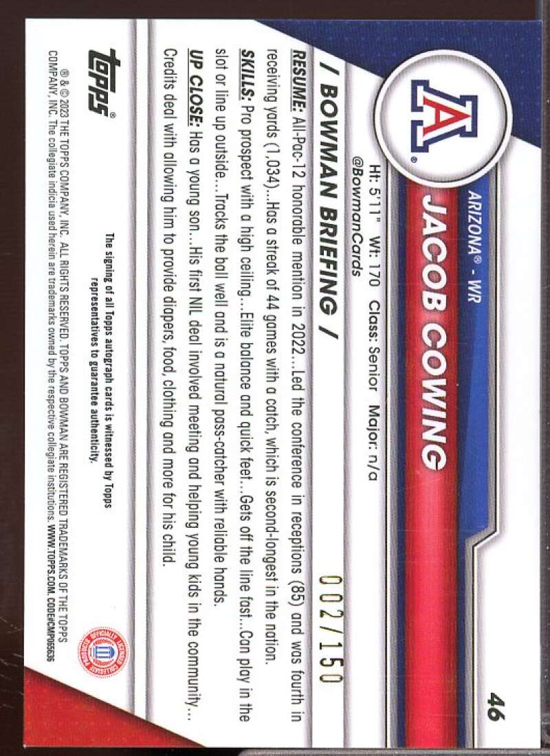 J. Cowing 2023 Bowman Chrome University AU Fuschia Mini Diamond Refractors #46  Image 2