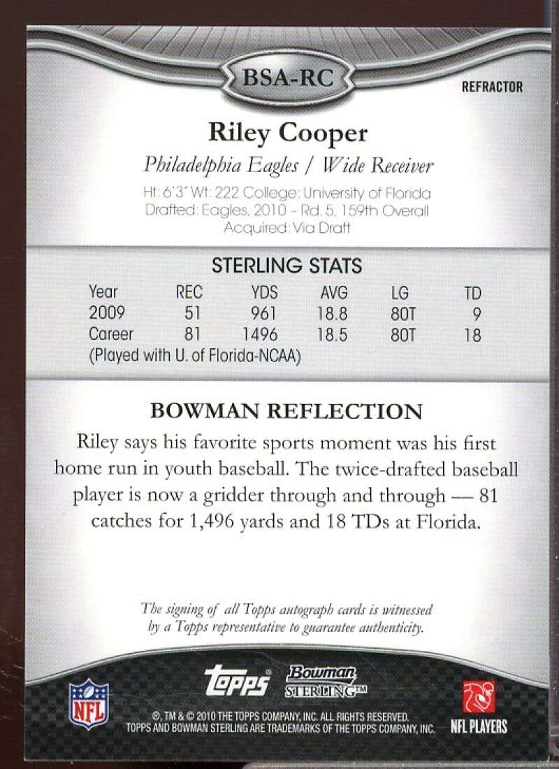 Riley Cooper AU Rookie Card 2010 Bowman Sterling Blue Refractors #BSARC  Image 2