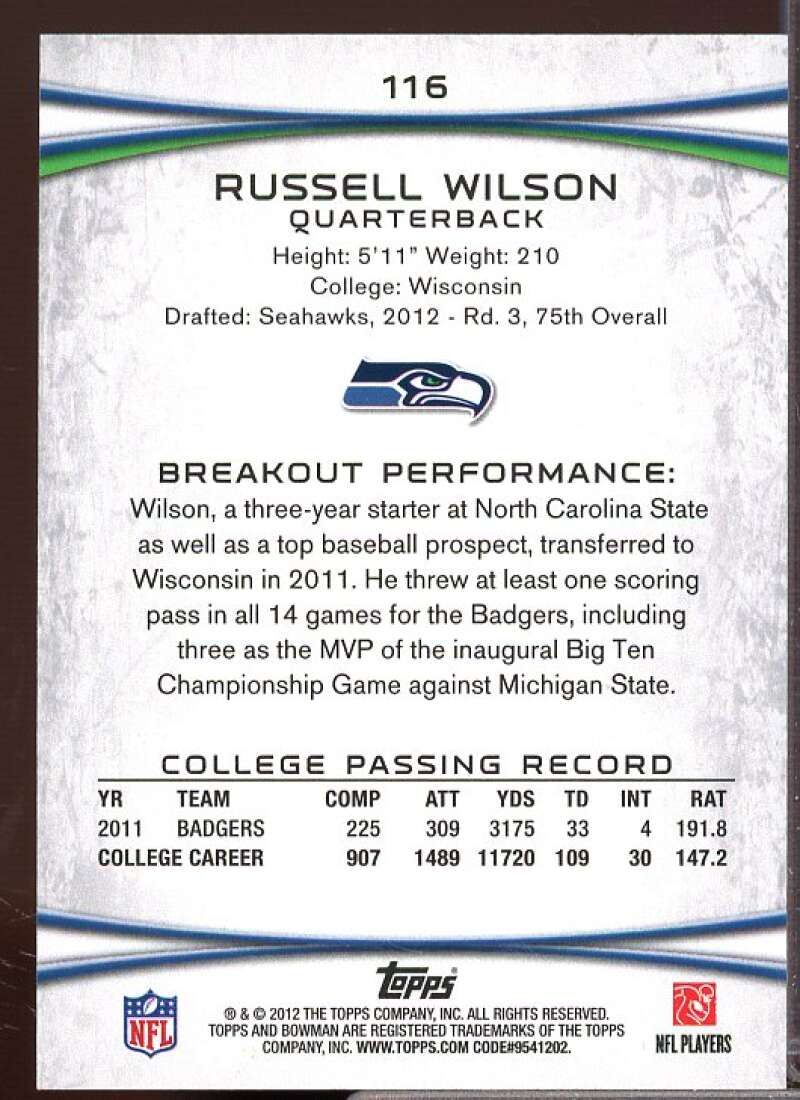 Russell Wilson Rookie Card 2012 Bowman Gold #116  Image 2