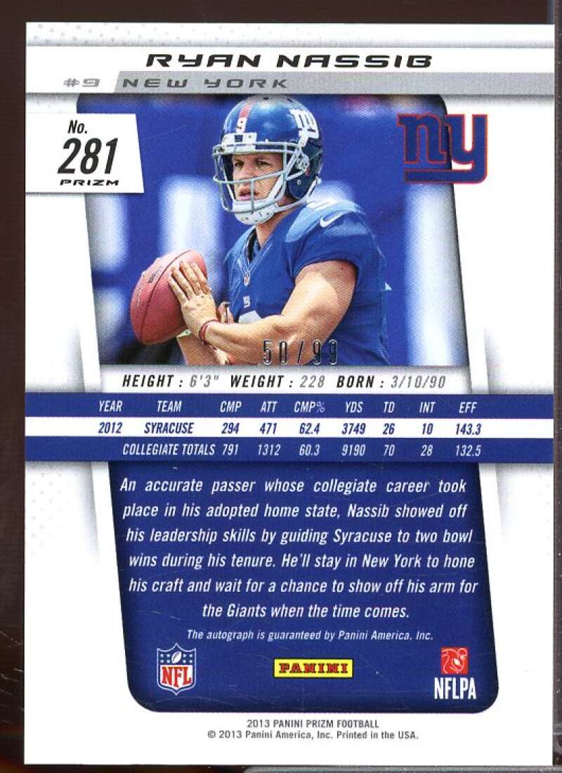 Ryan Nassib Rookie Card 2013 Panini Prizm Autographs Prizms #281  Image 2