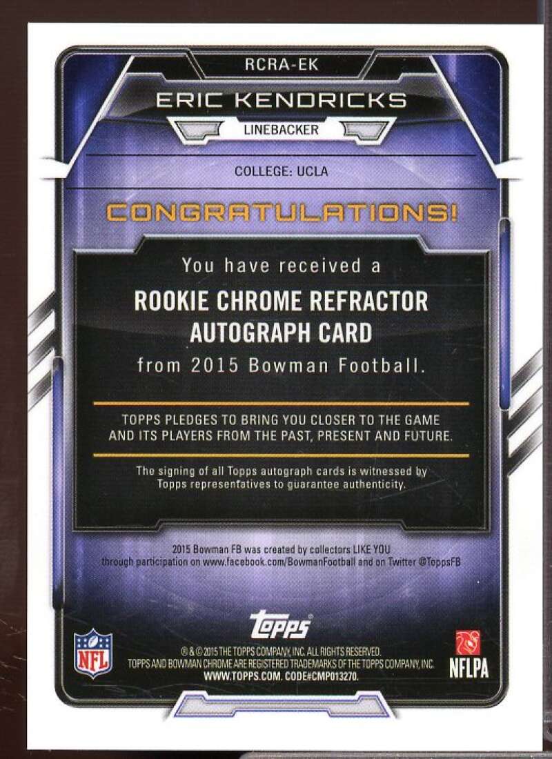 Eric Kendricks 2015 Bowman Chrome Rookie Autographs Refractors Blue #RCRAEK  Image 2