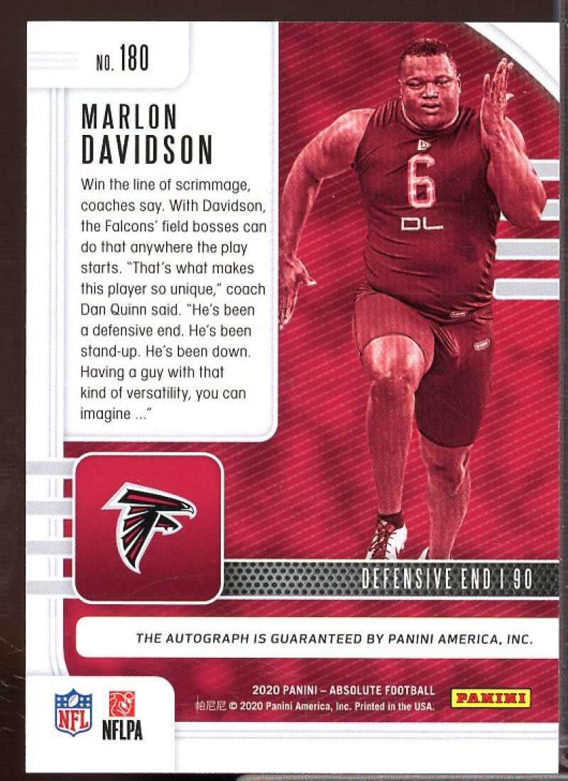 Marlon Davidson Rookie Card 2020 Absolute Signature Rookies Red Squares #180  Image 2