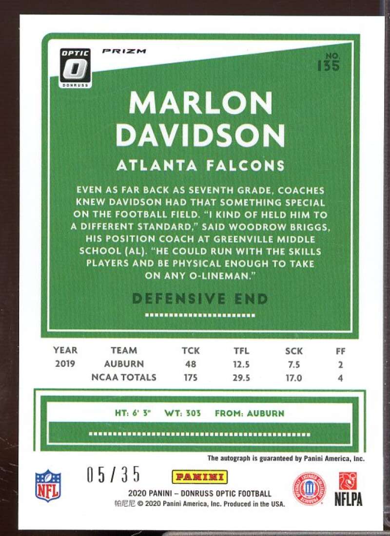 Marlon Davidson Rookie Card 2020 Donruss Optic Rookies Autographs Purple #135  Image 2