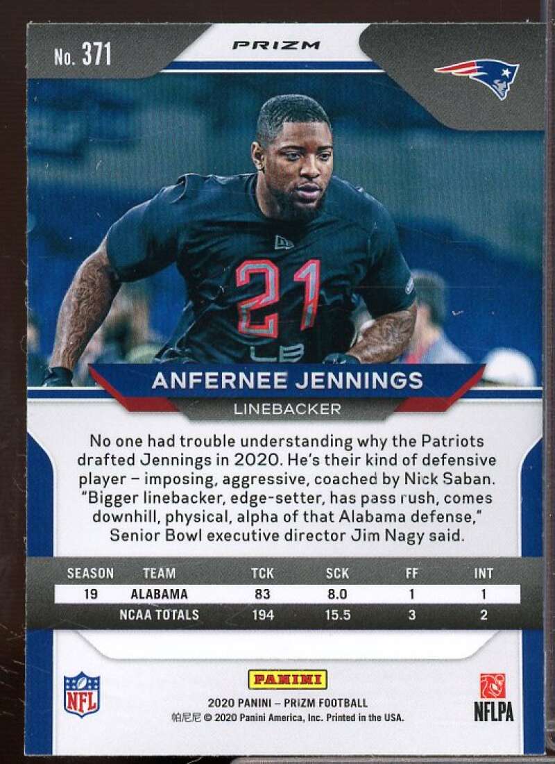 Anfernee Jennings Rookie Card 2020 Panini Prizm Prizms #371  Image 2