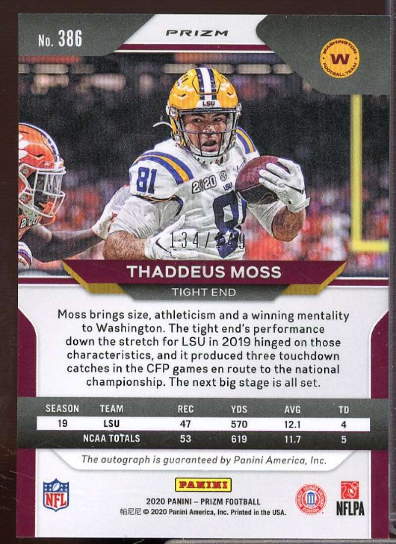 Thaddeus Moss Rookie Card 2020 Panini Prizm Prizms Red Wave #386  Image 2