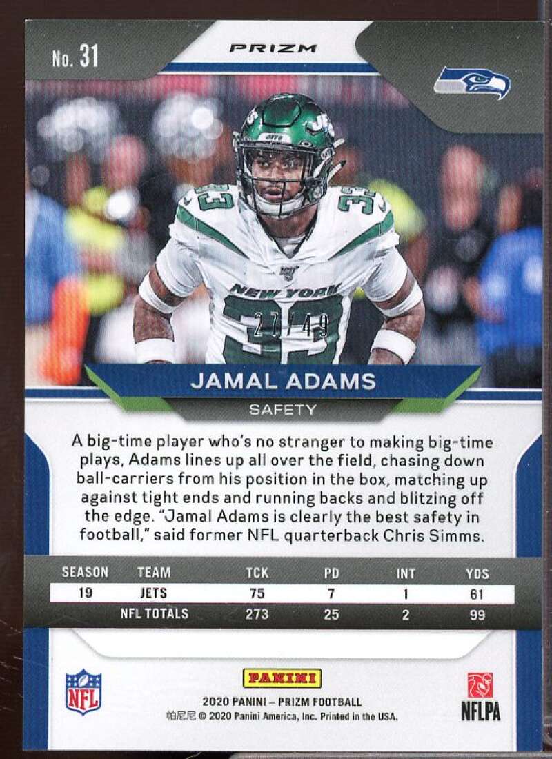 Jamal Adams Card 2020 Panini Prizm Prizms Red and Yellow #31  Image 2