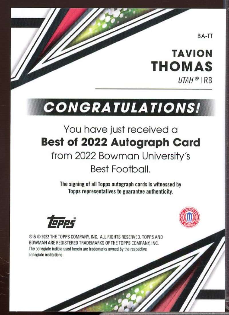 Tavion Thomas Rookie 2022 Bowman's Best University Best of '22 Autographs #BATT  Image 2