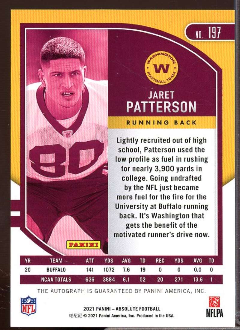 Jaret Patterson Rookie Card 2021 Absolute Signature Rookies Orange Mosiac #197  Image 2