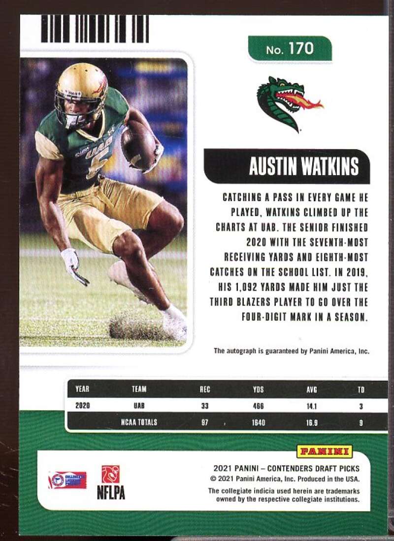 Austin Watkins Jr. AU Rookie Card 2021 Panini Contenders Draft Picks #170  Image 2