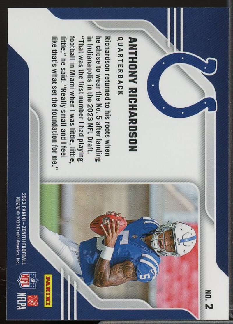 Anthony Richardson Rookie Card 2023 Zenith Behind the Numbers Blue #2  Image 2