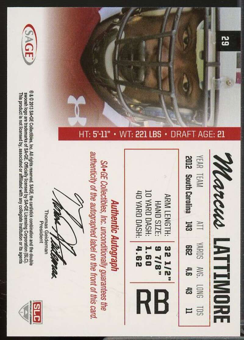 Marcus Lattimore Rookie Card 2013 SAGE Autographs Red #29  Image 2