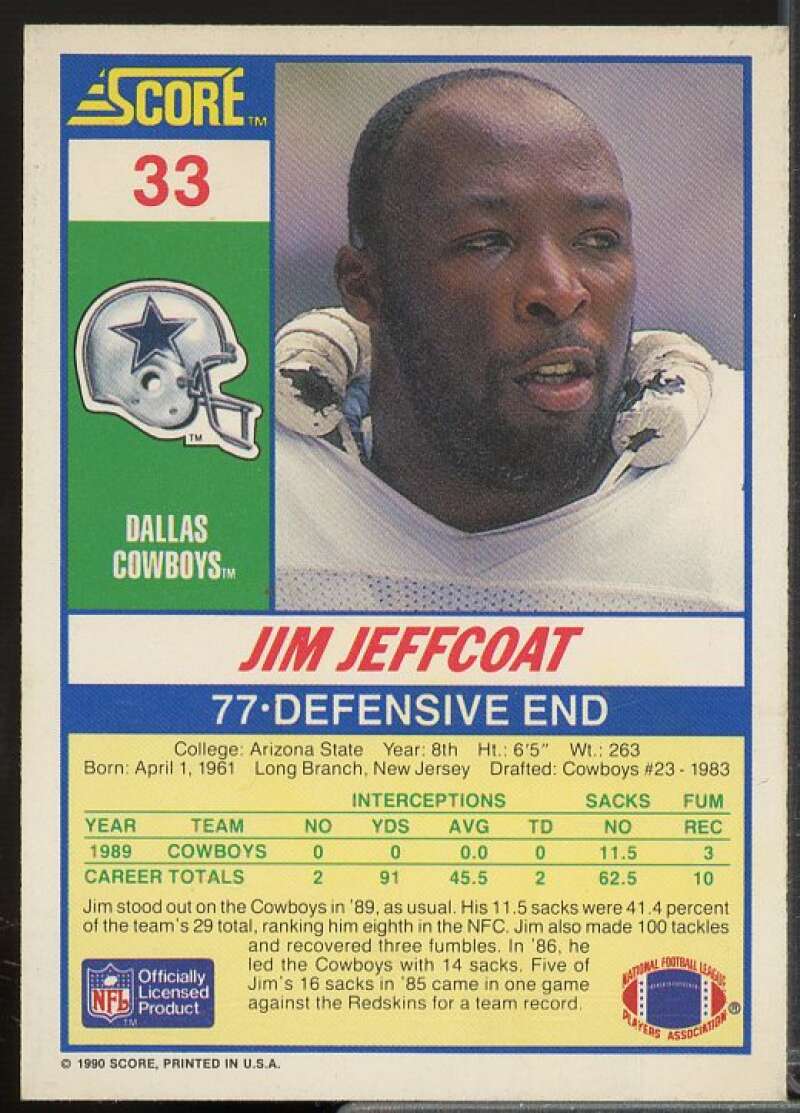 Jim Jeffcoat In Person Autograph Card 1990 Score #33  Image 2