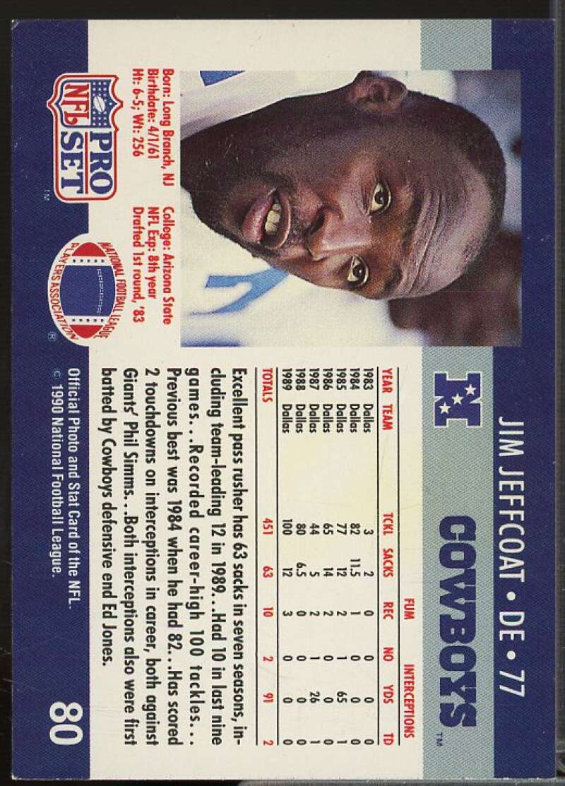 Jim Jeffcoat In Person Autograph Card 1990 Pro Set #80  Image 2