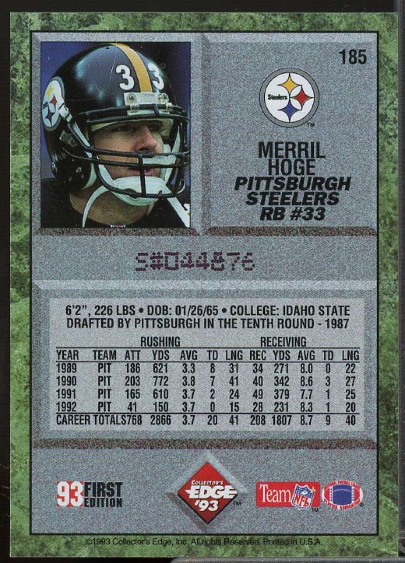 Merril Hoge In Person Autograph Card 1993 Collector's Edge #185  Image 2