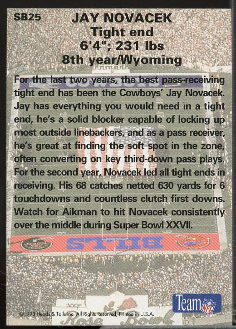 Jay Novacek In Person Autograph Card 1993 Heads and Tails SB XXVII #SB25  Image 2