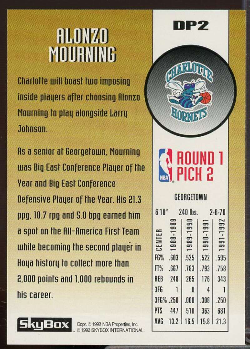 Alonzo Mourning Rookie Card 1992-93 SkyBox Draft Picks #DP2  Image 2