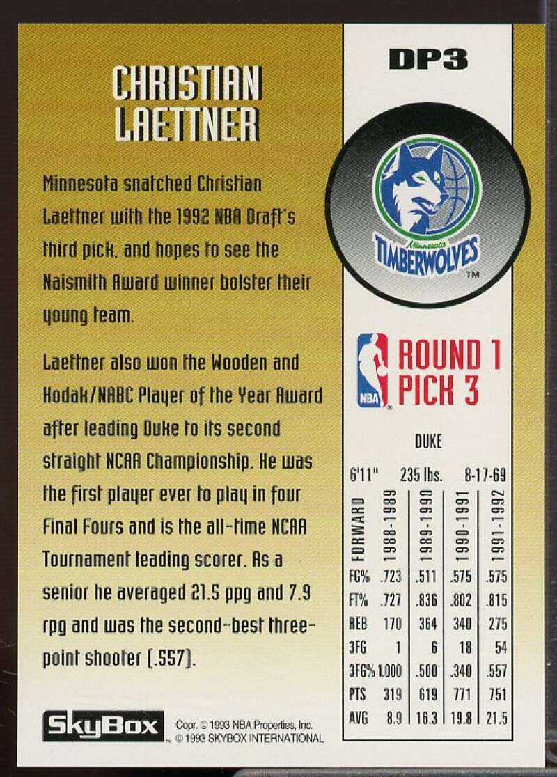 Christian Laettner Rookie Card 1992-93 SkyBox Draft Picks #DP3  Image 2