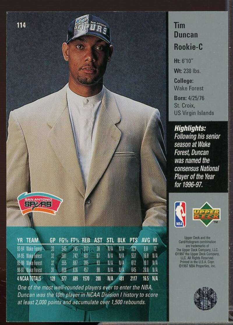 Tim Duncan Rookie Card 1997-98 Upper Deck #114  Image 2