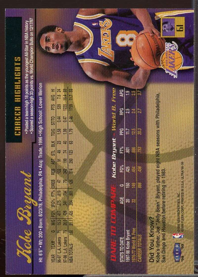 Kobe Bryant Card 1998-99 Ultra #61  Image 2