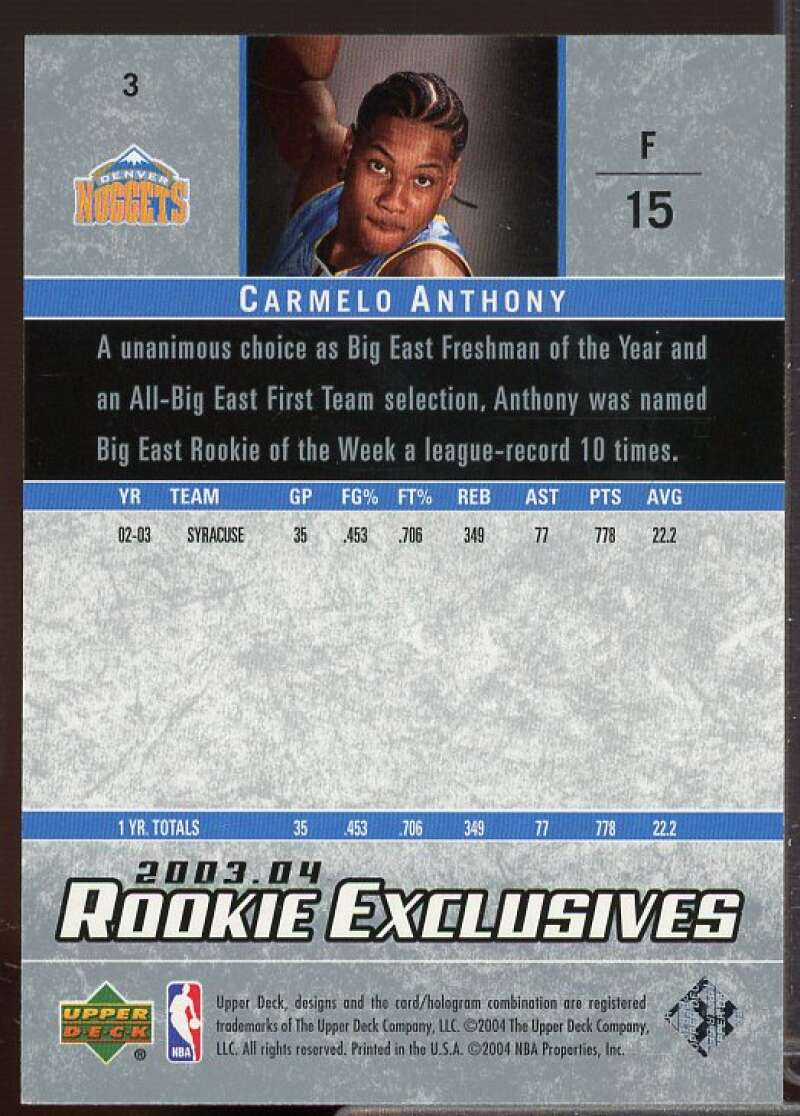 Carmelo Anthony Rookie Card 2003-04 Upper Deck Rookie Exclusives #3  Image 2