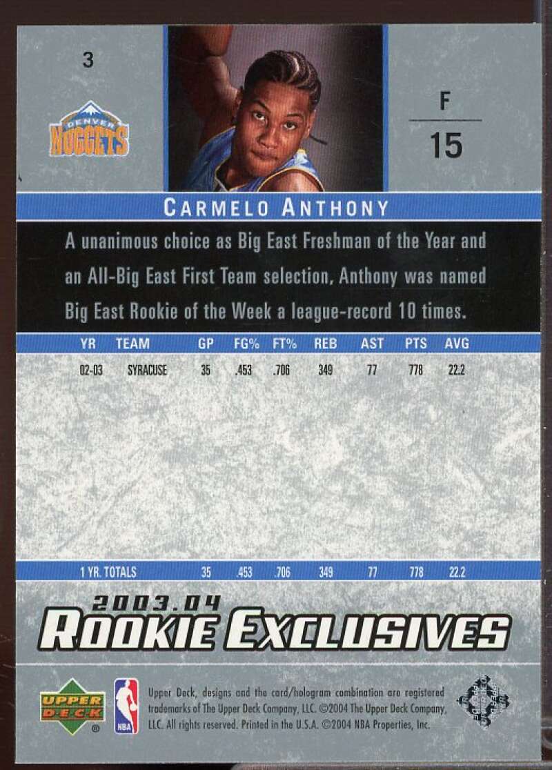 Carmelo Anthony Rookie Card 2003-04 Upper Deck Rookie Exclusives #3  Image 2