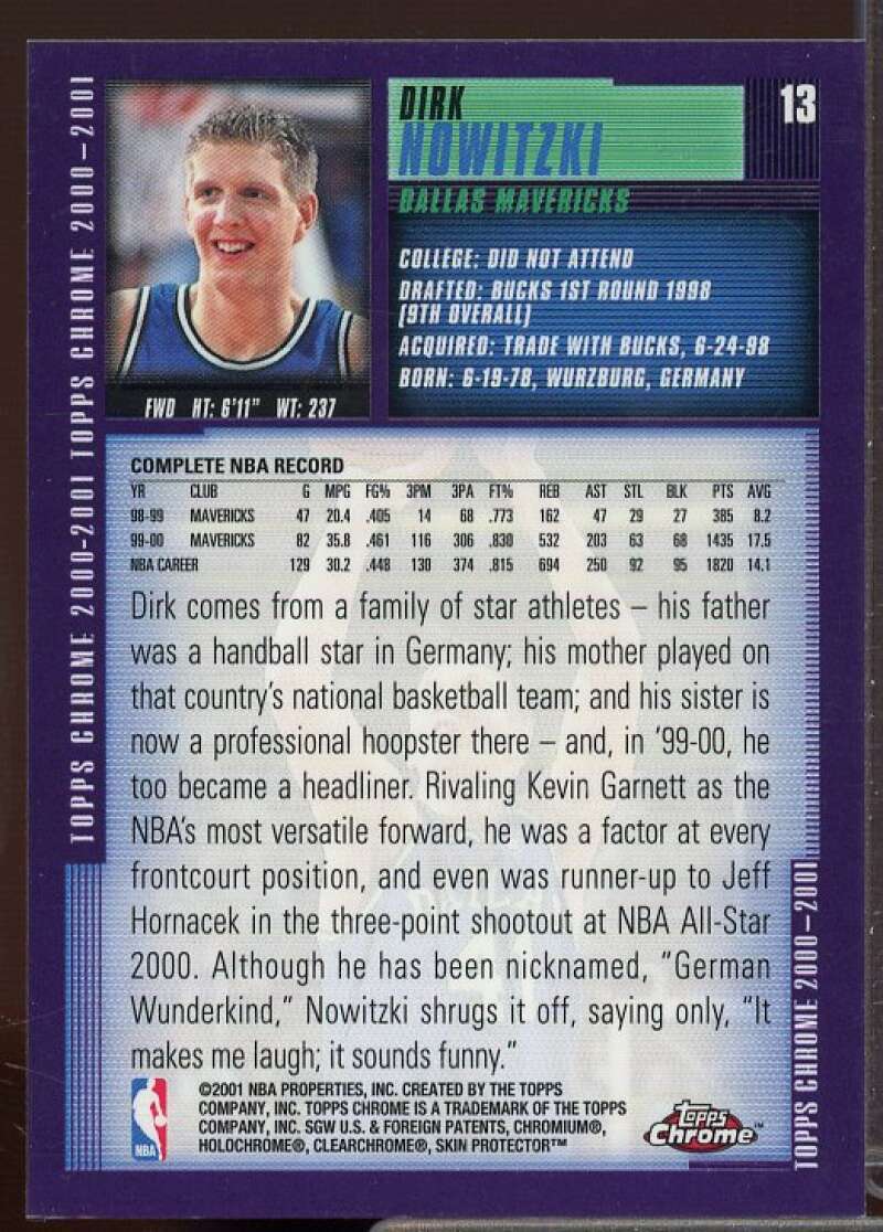 Dirk Nowitzki Card 2000-01 Topps Chrome #13  Image 2