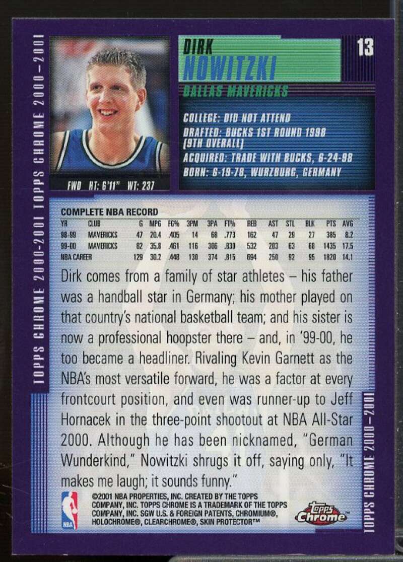 Dirk Nowitzki Card 2000-01 Topps Chrome #13  Image 2