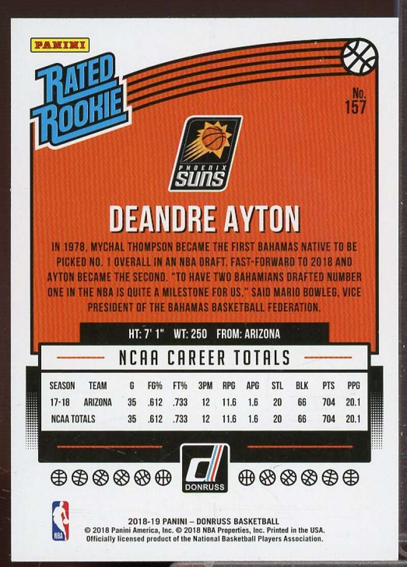 Deandre Ayton Rookie Card 2018-19 Donruss #157  Image 2