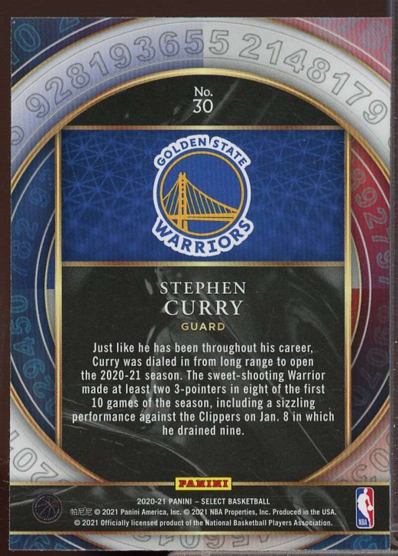 Stephen Curry Card 2020-21 Select Numbers #30  Image 2