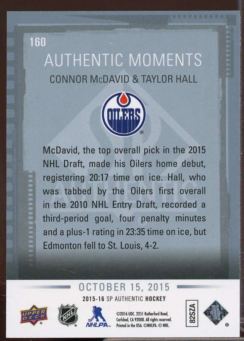 Connor McDavid/Taylor Hall Rookie Card 2015-16 SP Authentic #160  Image 2