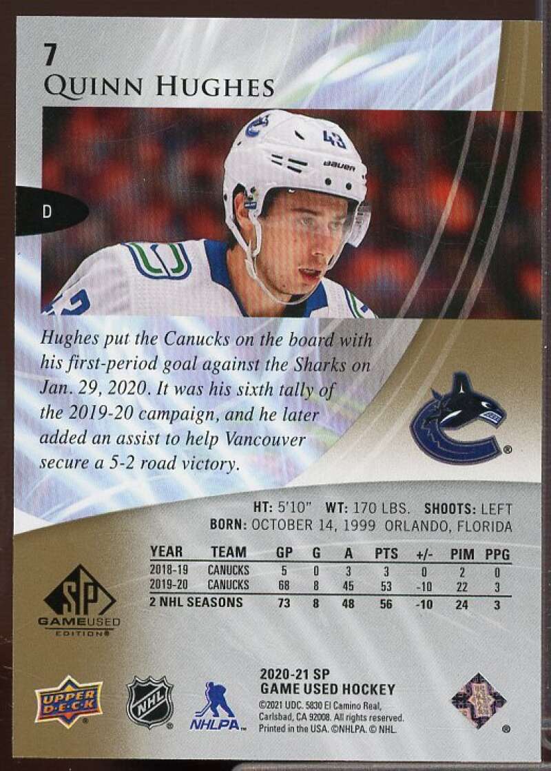 Quinn Hughes Card 2020-21 SP Game Used Golden Burst #7  Image 2