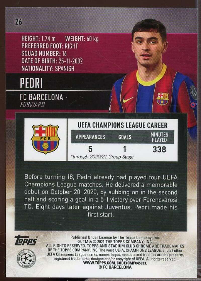 Pedri Rookie Card 2020-21 Stadium Club Chrome UEFA Champions League #26  Image 2