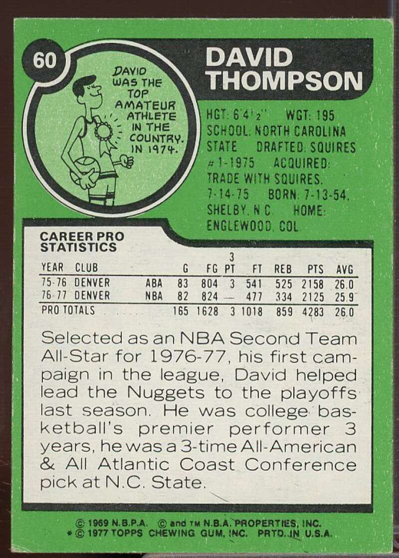 David Thompson Card 1977-78 Topps #60  Image 2