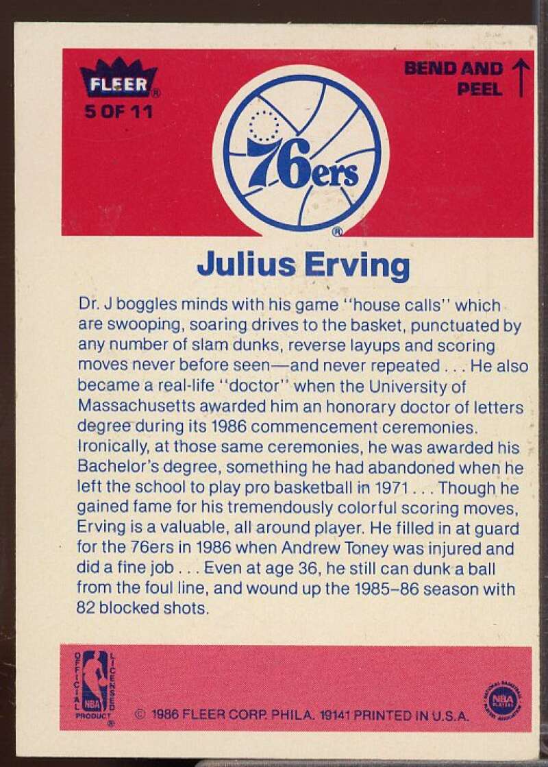 Julius Erving Card 1986-87 Fleer Stickers #5  Image 2