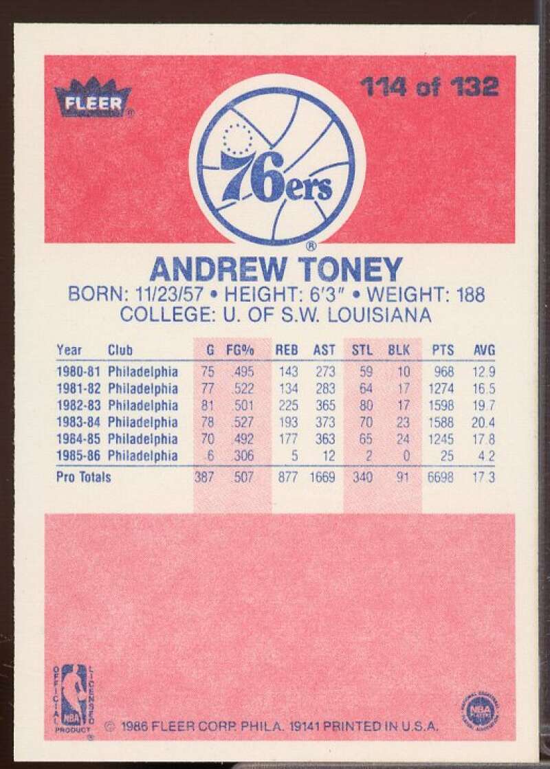 Andrew Toney Card 1986-87 Fleer #114  Image 2