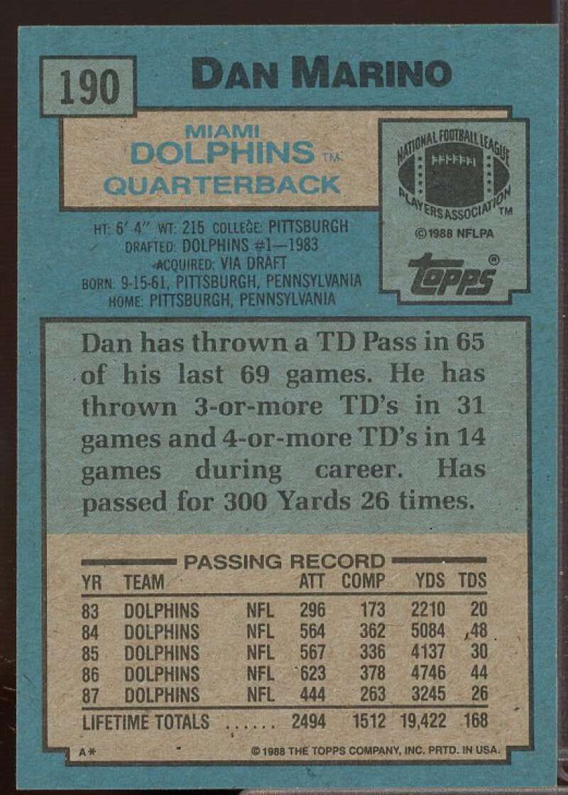 Dan Marino Card 1988 Topps #190  Image 2