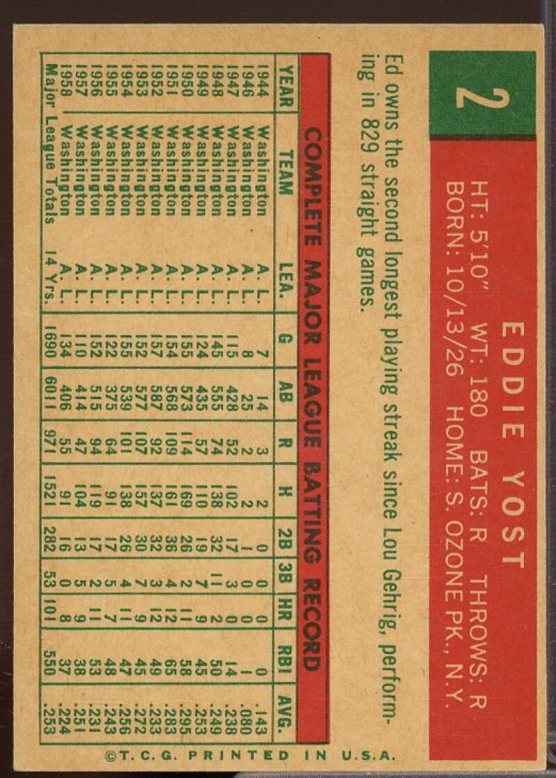 Eddie Yost Card 1959 Topps #2  Image 2