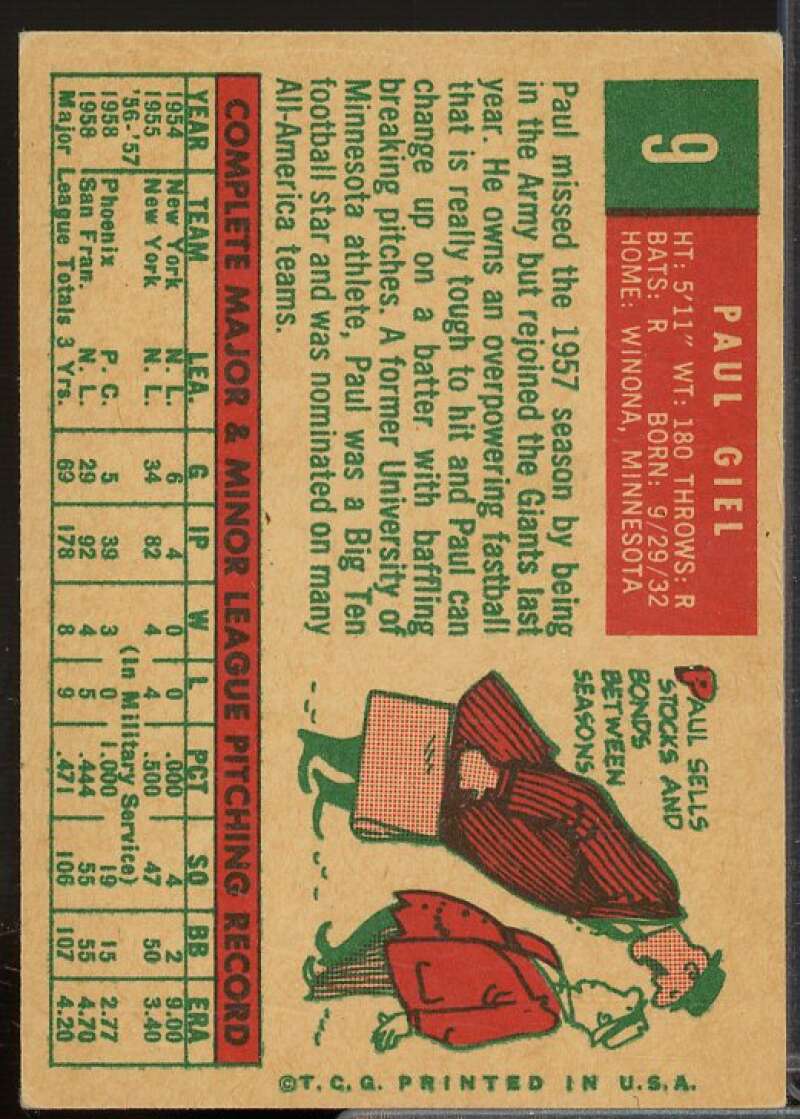 Paul Giel Card 1959 Topps #9  Image 2