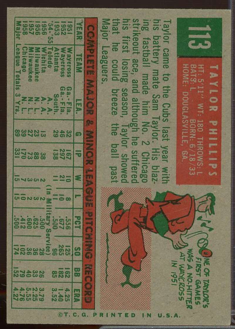 Taylor Phillips Card 1959 Topps #113  Image 2