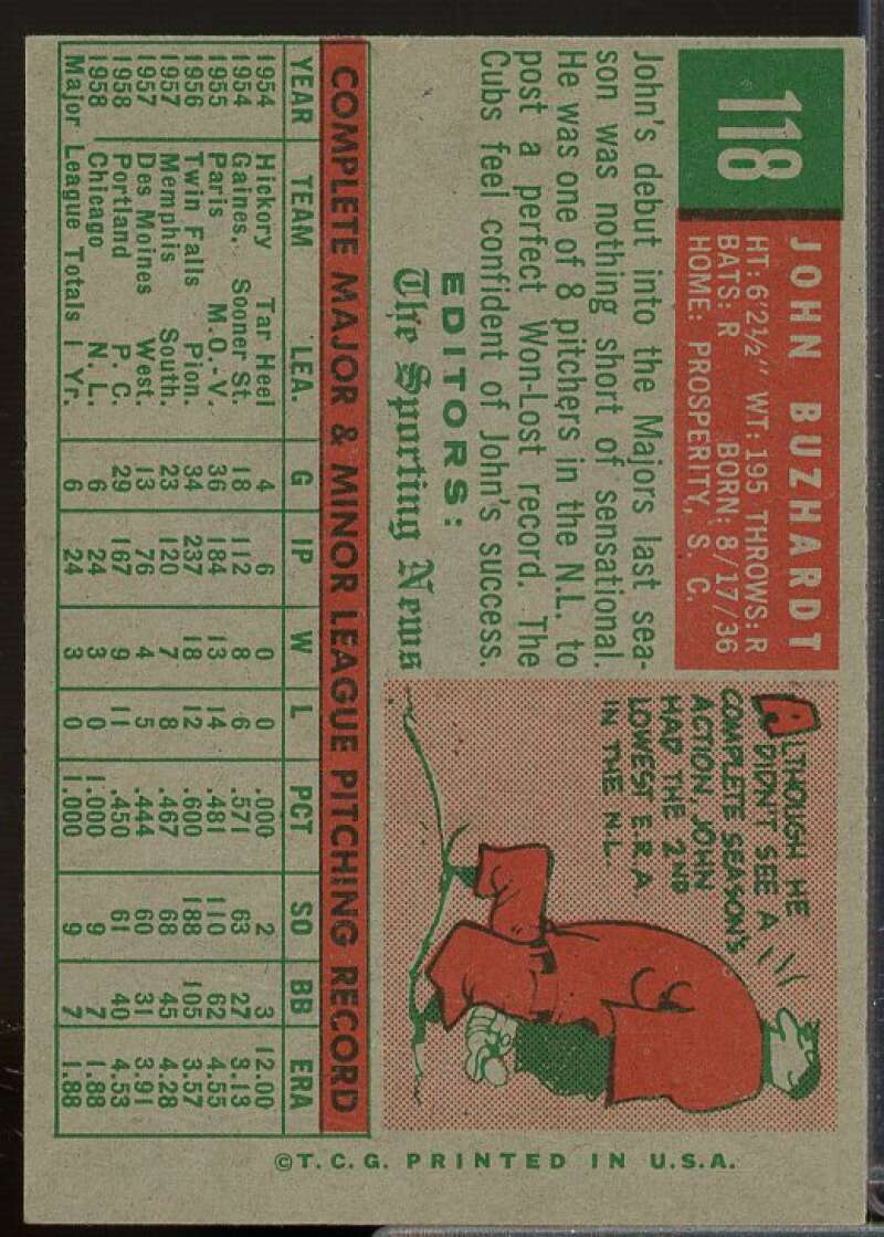 John Buzhardt RS Rookie Card 1959 Topps #118  Image 2