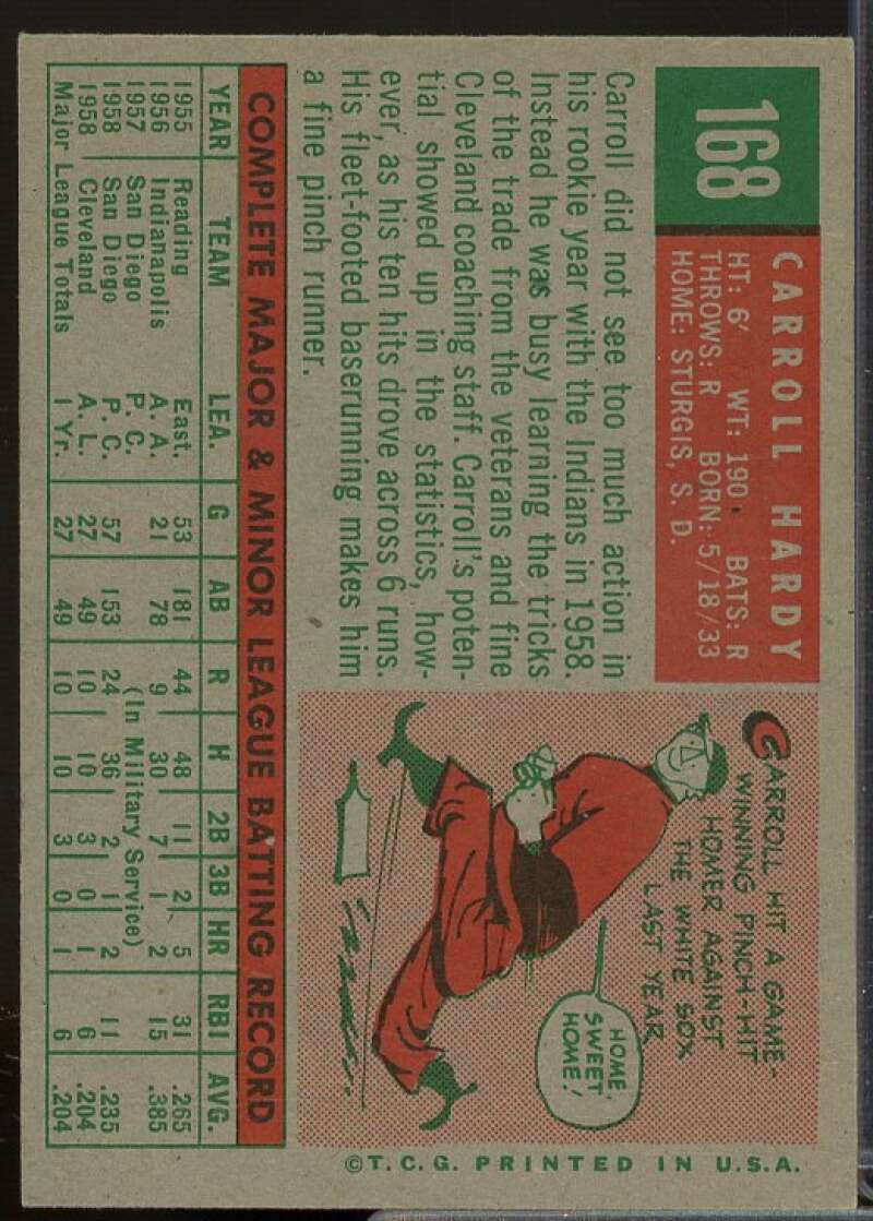 Carroll Hardy Card 1959 Topps #168  Image 2