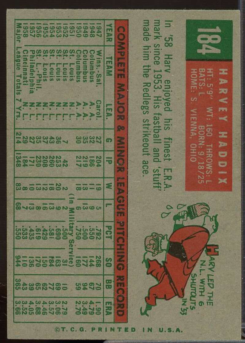 Harvey Haddix Card 1959 Topps #184  Image 2