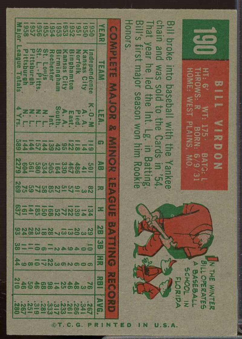 Bill Virdon Card 1959 Topps #190  Image 2
