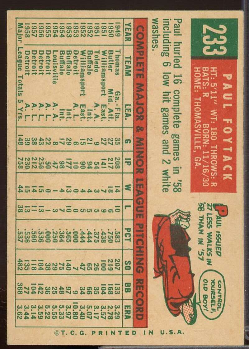 Paul Foytack Card 1959 Topps #233  Image 2