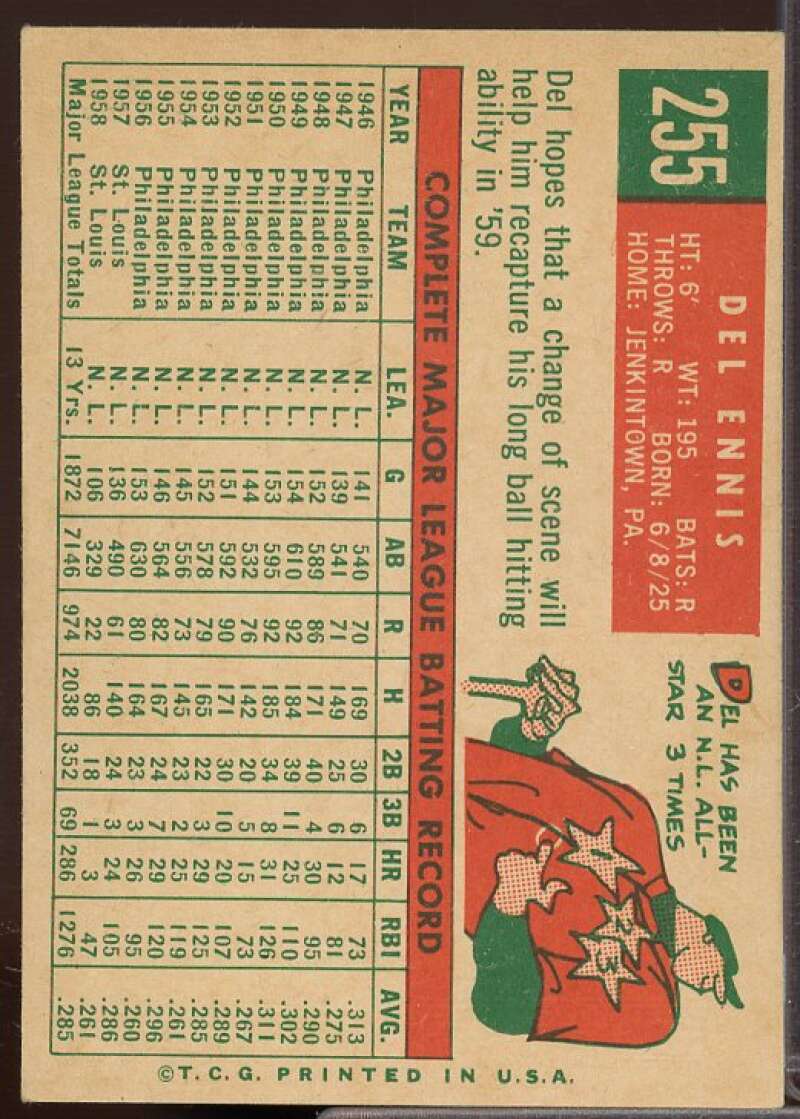 Del Ennis Card 1959 Topps #255  Image 2