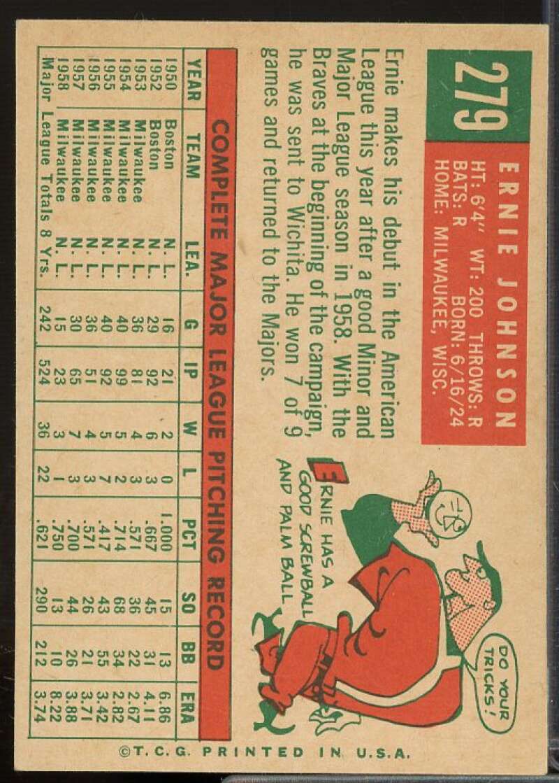 Ernie Johnson Card 1959 Topps #279  Image 2