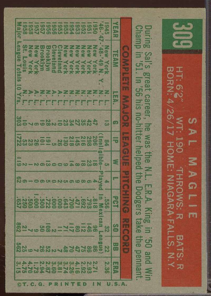 Sal Maglie Card 1959 Topps #309  Image 2