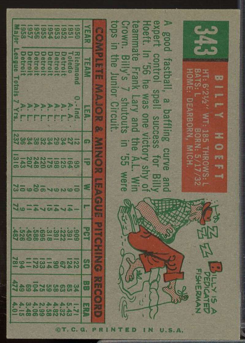 Billy Hoeft Card 1959 Topps #343  Image 2